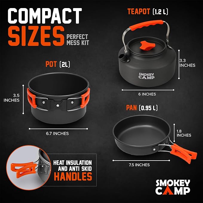 Camping Cookware Mess Kit Set with Stove - Backpacking Camping Pots and Pans Set, All in One