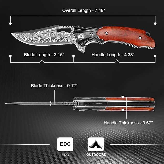 Damascus Pocket Knife for Men Women, Wood Handle Folding Knife with Sheath, 3.15" Damascus Steel
