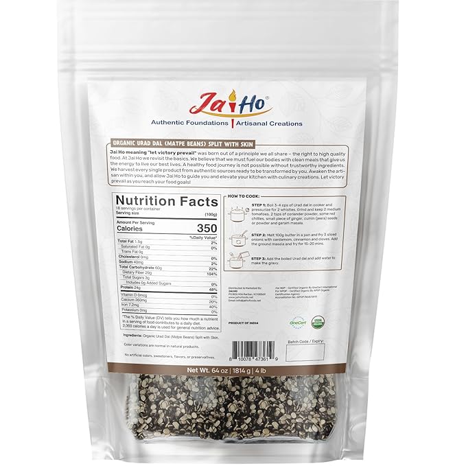 Jai Ho Certified Organic Kabuli Chana Garbanzo Beans 4 lb | Chickpeas Lentils | Indian Kabuli Chole
