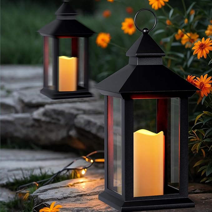 Lanterns Decorative Indoor, 1 Pack Black Outdoor Lantern with Timer, 14" Lantern Waterproof with