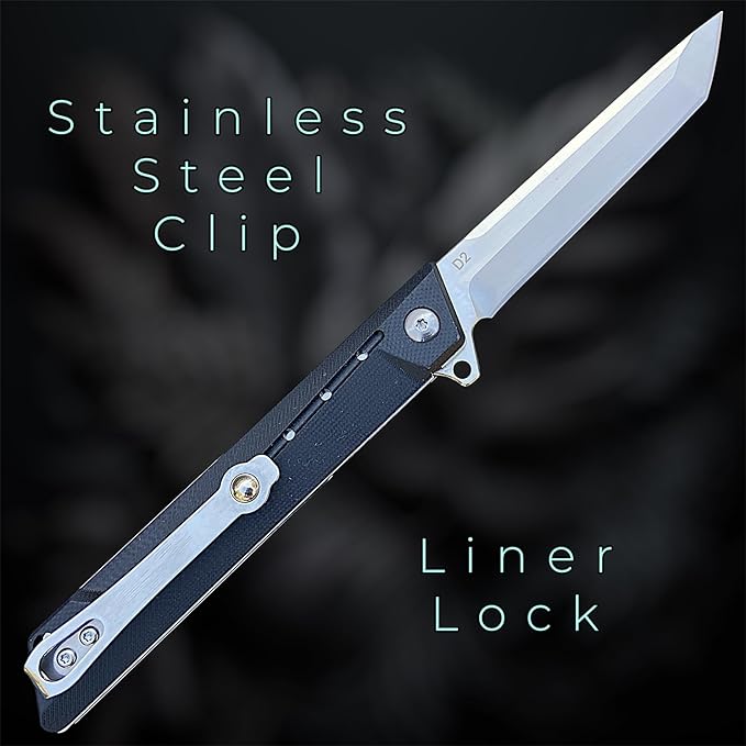TACTICAL GEARZ Pocket Folding Knife for EDC, G10 Handle, D2 Steel Tanto Blade, Includes Sheath (Nyx)