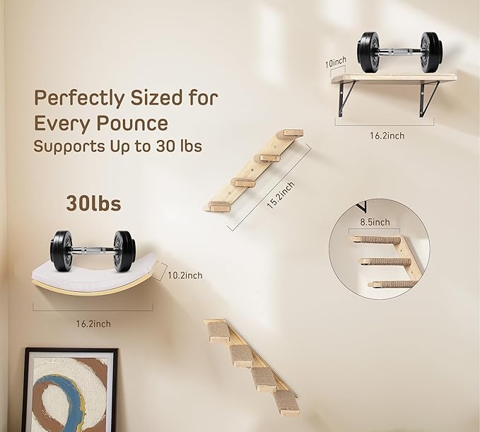 4-Piece Cats Wall Furniture with Cat Window Perch – Wood Wall Mounted Cat Shelves Set with