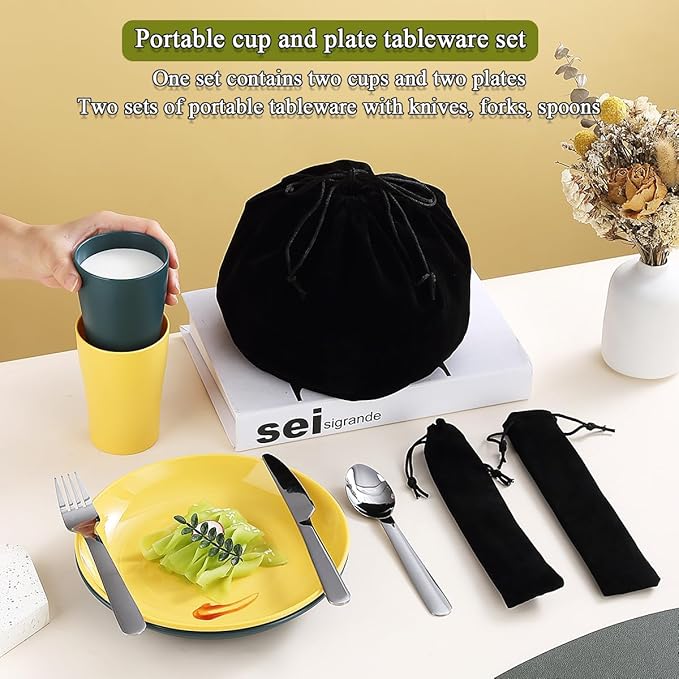 Evanda Camping Cutlery Set, Reusable Light Weight Mug, Plate and Stainless Steel Cutlery Set with