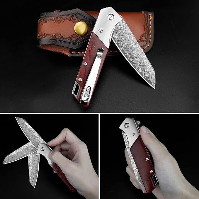 KOMWERO Damascus Pocket Knife with Clip Leather Sheath, 3.14 inch Sharp Damascus Steel Knife with