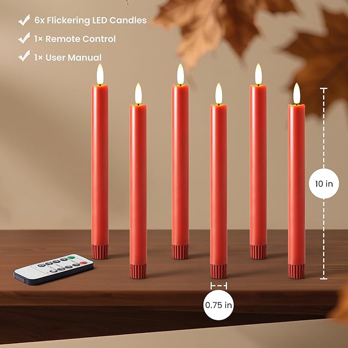 Terra Cotta Flameless Taper Candles with Remote and Timer, 6 Pack LED Candlesticks, 10 Inch Fall
