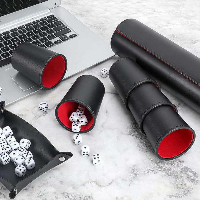 Party Games Leather Dice Cup Set, 5 Dice Cups+25 Dice+1 Folding Tray Exclusive Storage and