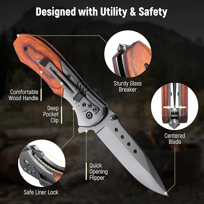 Pocket Knife for Men - Wood Handle Folding Pocket Knives with Clip, Glass Breaker - 3.46" Sharp