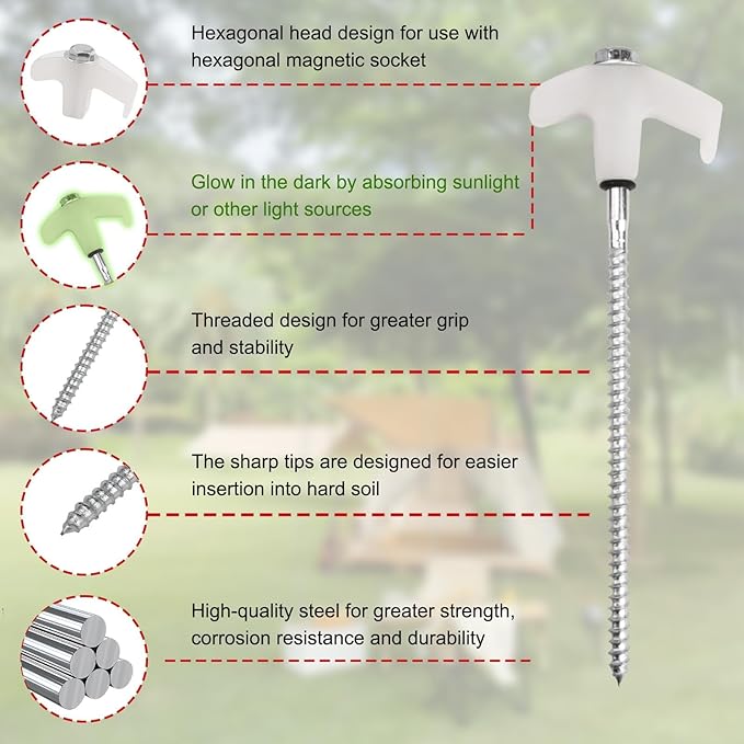 4 Pcs Tent Stakes Heavy Duty, 8 in Ground Anchors Screw in, Grow in The Dark Screw in Tent Stakes