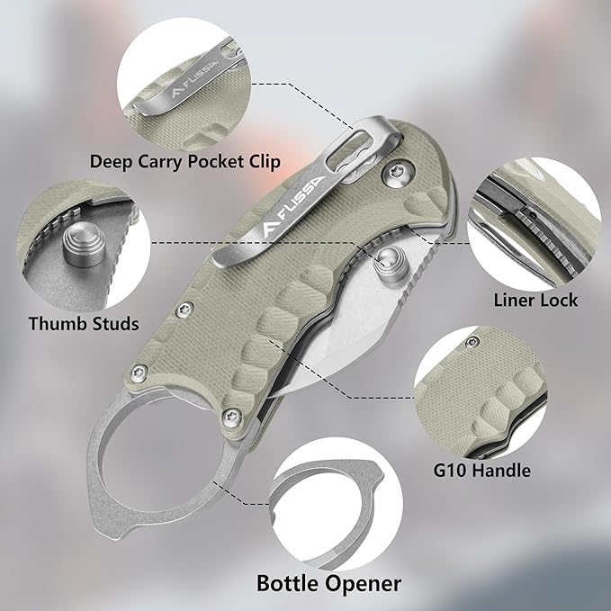 FLISSA 4" Small Folding Pocket Knife, Lightweight Utility Knife, Desert Tan G10 Handle, EDC Pocket