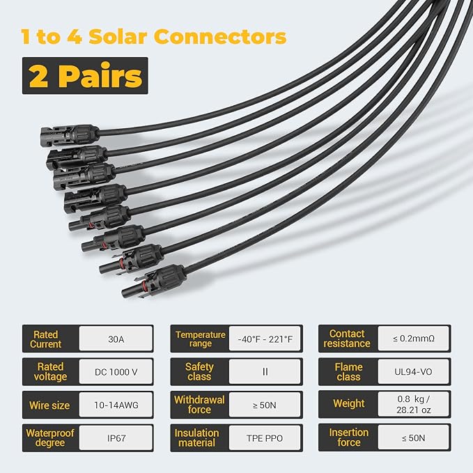 BougeRV Solar Y Branch Connectors Extra Long Solar Panel Parallel Connectors 1 to 4 Solar Cable