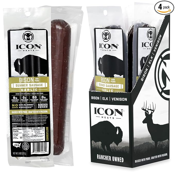 ICON Meats Summer Sausage - Bison and Pork Garlic Flavor - 4 Pack of Individually Wrapped Meat