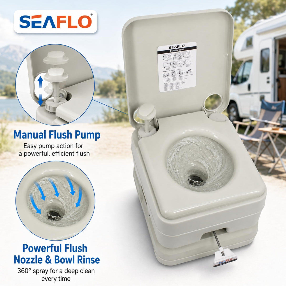 SEAFLO Camping Portable Toilet - 2.6 Gallon Waste 3.43 Gall Fresh Tank (100 Flushes), 440 lbs Max