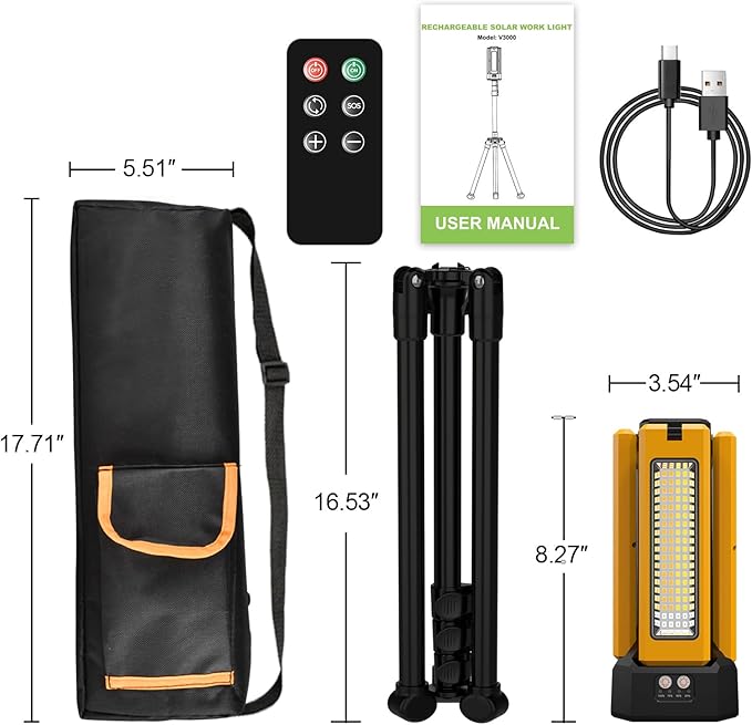 13200mAh Rechargeable Solar Work Light, IPX4 Waterproof with Folding Stand Support and Portable