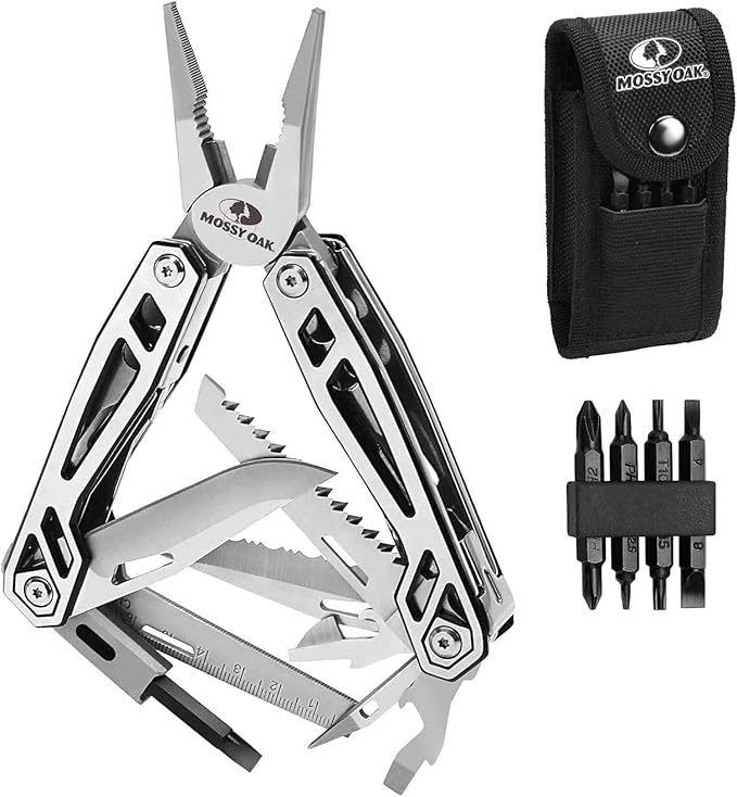 MOSSY OAK Multitool, 21-in-1 Stainless Steel Pocket Knife with Screwdriver Sleeve, Self-locking