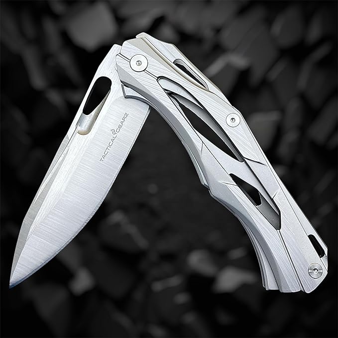 TACTICAL GEARZ Stainless Steel Pocket Knife, Brushed Nickel Stainless Steel Handle, D2 Steel Blade