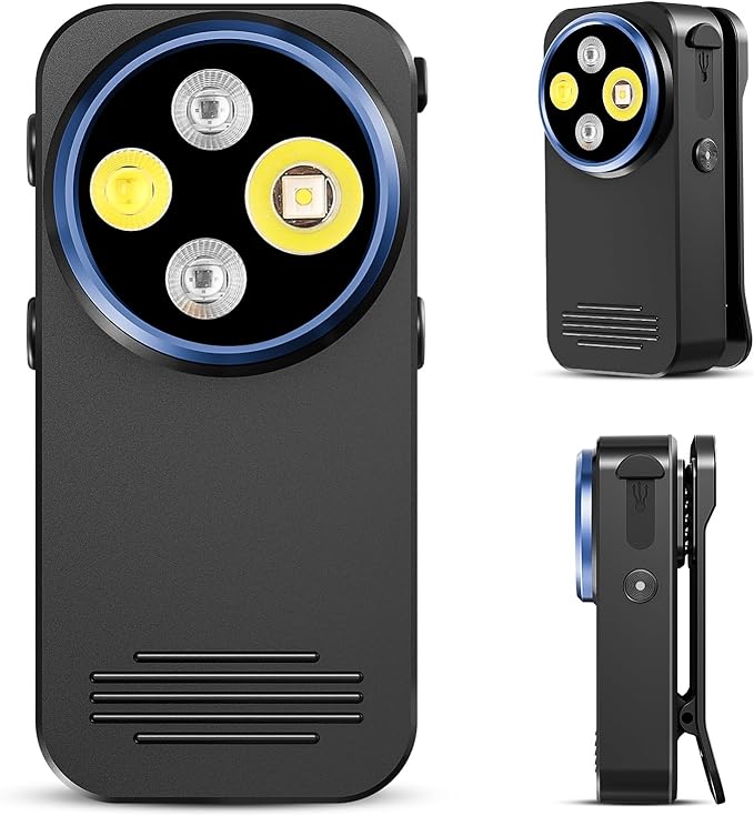 Rechargeable EDC Flashlight, 600 Lumens Dual LED Sources Mini Clip-on Light with Red & Blue Light