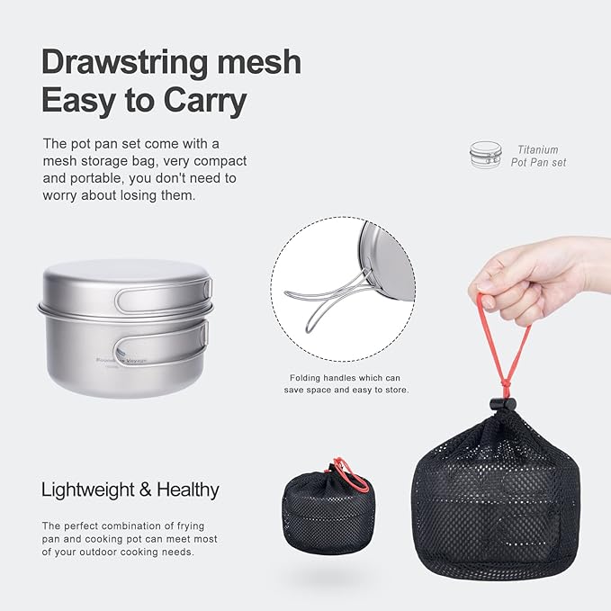 Boundless Voyage Outdoor Titanium Pot with Pan Set with Collapsible Folding Handle for Outdoor