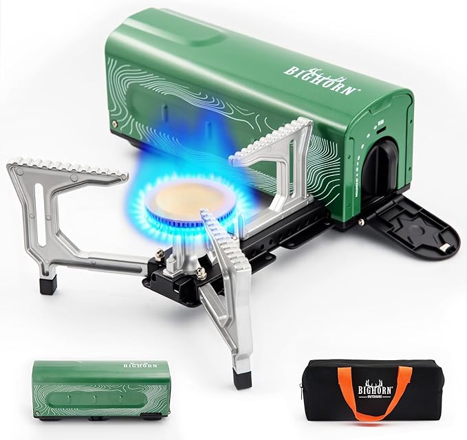 BIG HORN OUTDOORS Butane Camping Stove, Portable Folding Gas Burner with Carry Bag for Camping