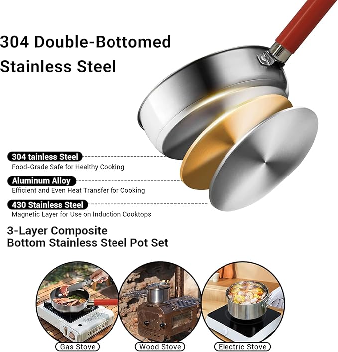 Camping Cookware Set 304 Stainless Steel Cooking Pots Pan Set with Travel Tote Bag For Camping