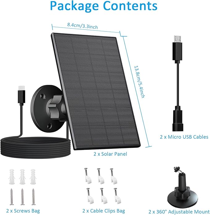 2W Solar Panel for Security Camera Outdoor, USB/USB-C Charger with IP65 Waterproof, 360° Adjustable