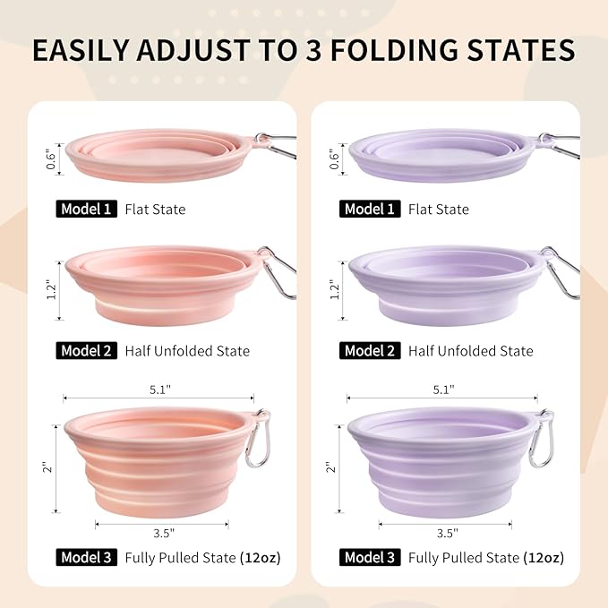 Collapsible Dog Bowls 2-Pack, Portable Travel Dog Bowl with Carabiner, Food-Grade Silicone Pet Bowl
