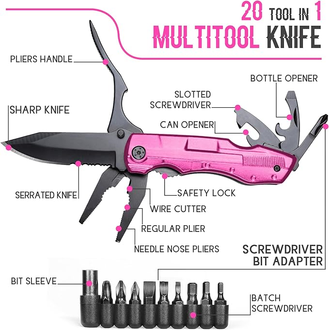 Gifts for Women Wife Girlfriend Her - Mothers Day Gifts, Pin-k Multitool Knife - Christmas Birthday