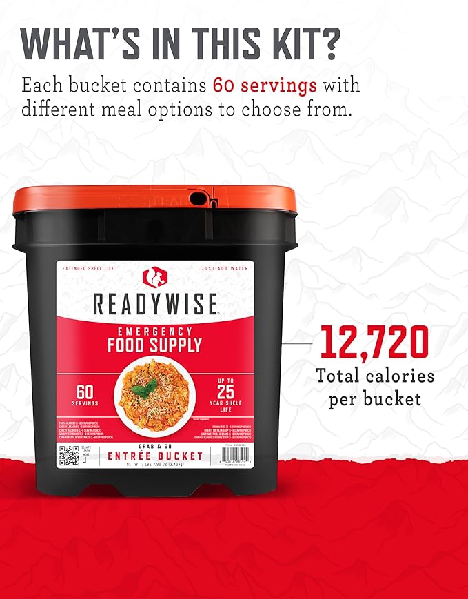 ReadyWise Entrée Bucket - 60 Servings, Emergency Food Supply for Survival Kit, Protein Meals