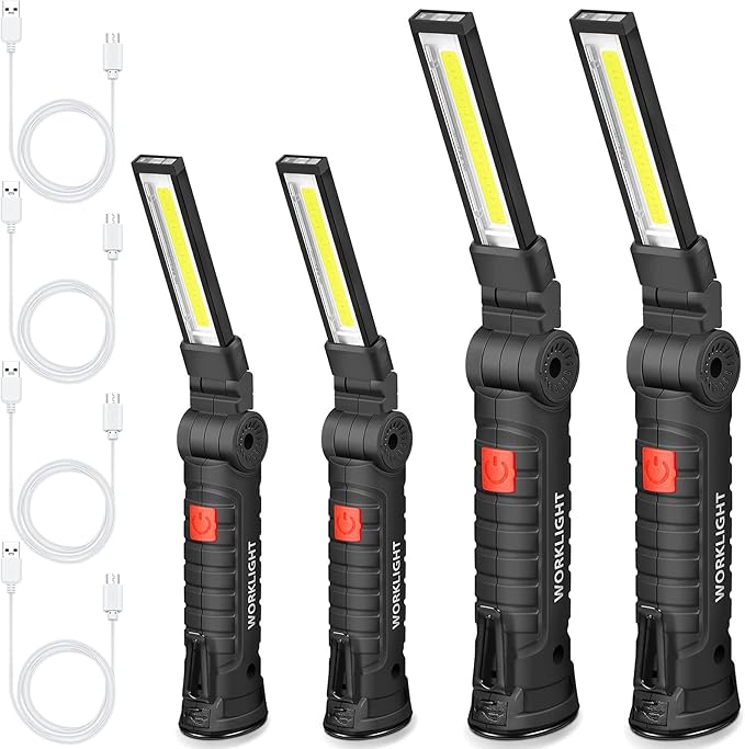Honoson 4 Pieces LED Work Light Cob Rechargeable Work Flashlight with Magnetic Base, Hanging Hook