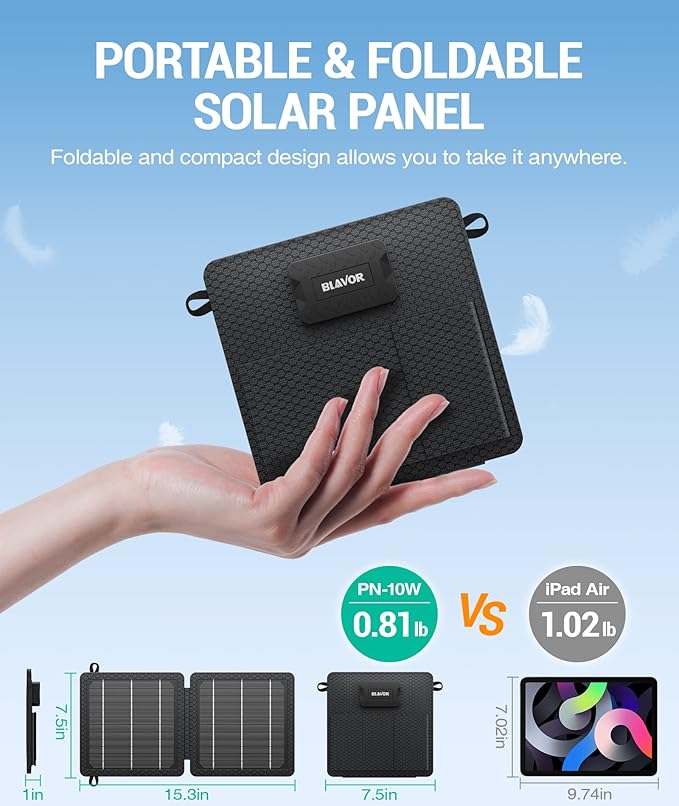 BLAVOR 10W Portable Solar Charger(5V/2A Max), Small Foldable Solar Panel with USB-C USB-A Outputs