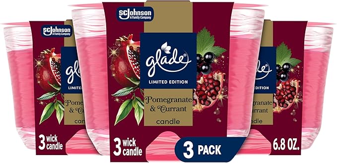 Glade 3-Wick Scented Candle Jar, Pomegranate & Currant, Air Freshener Infused with Essential Oils