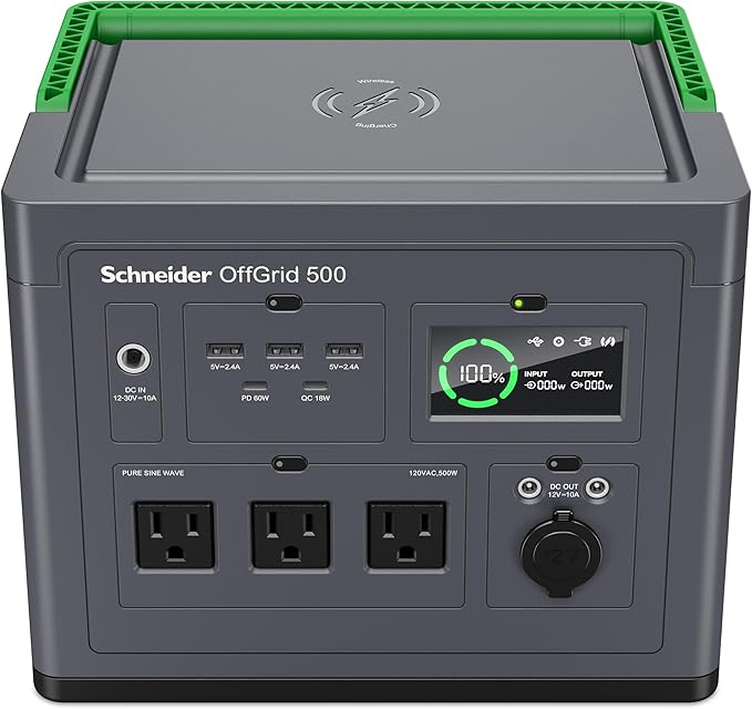 Schneider OffGrid Portable Power Station 500, 517Wh Portable Solar Generator for Camping or Home