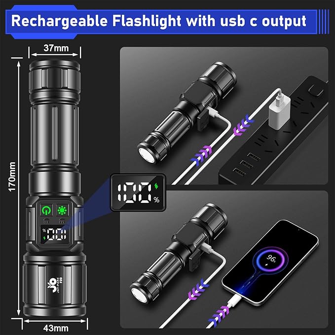 JAY-PARK Flashlights High Lumens, Rechargeable Flashlight 10000 Lumens with Magnetic, Bright Flash