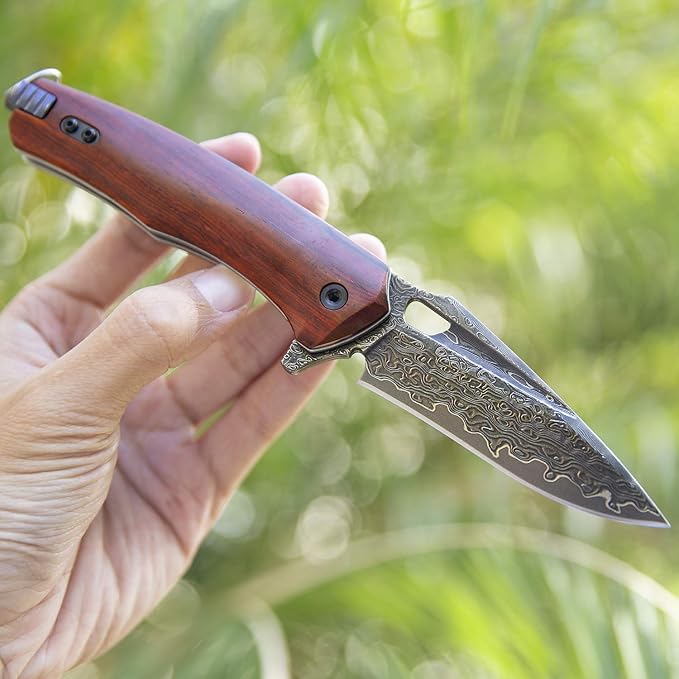 Damascus steel multifunctional EDC folding knife with self assembling pocket clip, lining lock
