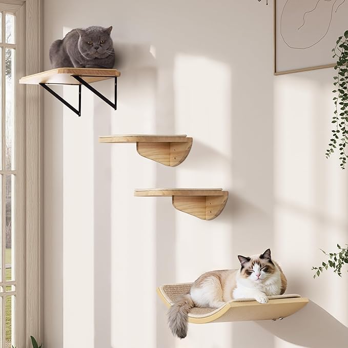 Cat Wall Shelves with Sisal Pads, 4-Piece Wooden Cats Furniture Set with Cat Window Perch, Flat