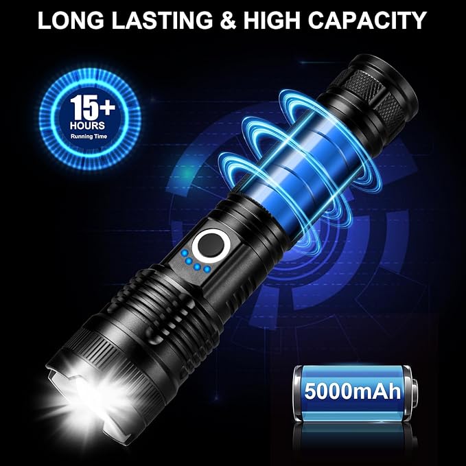 3 Pack Rechargeable Flashlights High Lumens, 99000LM Super Bright LED Flashlight, Adjustable