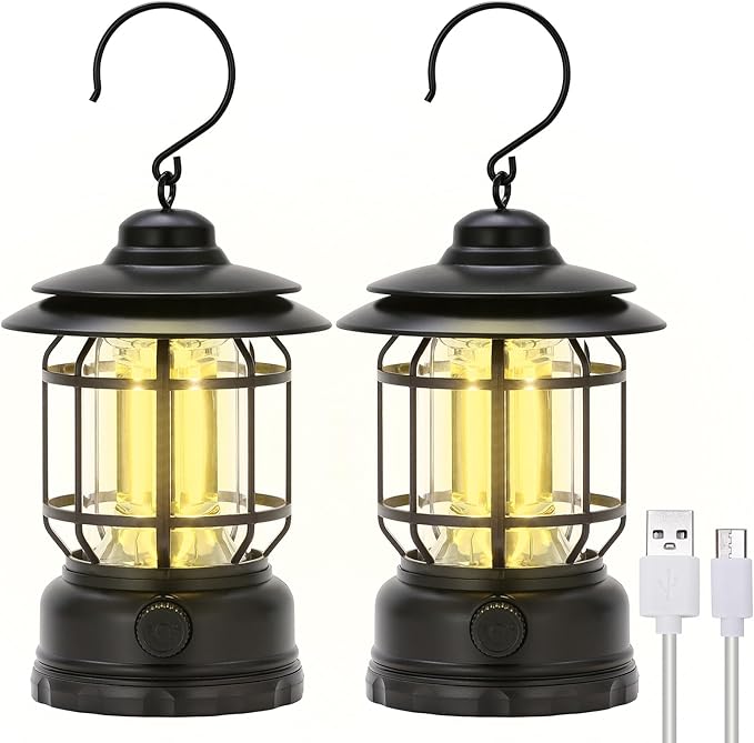 LED Camping Lanterns Rechargeable Portable, Vintage Style Tabletop Lantern, Stepless Dimming