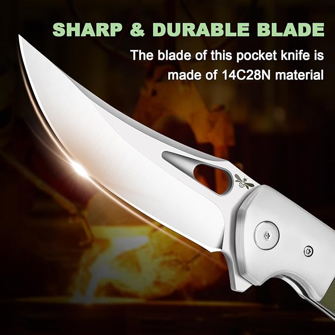 Pocket Knife with Clip, 3.7" 14C28N Blade EDC Folding Knife with Green G10 Handle, Outdoor Camping