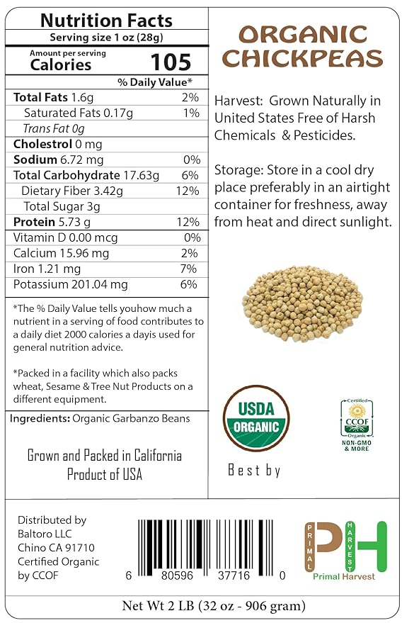 Organic Garbanzo Beans (ChickPeas)-Raw/Non-GMO/Kosher Sproutable Low Sodium Bulk Vegan Dietary