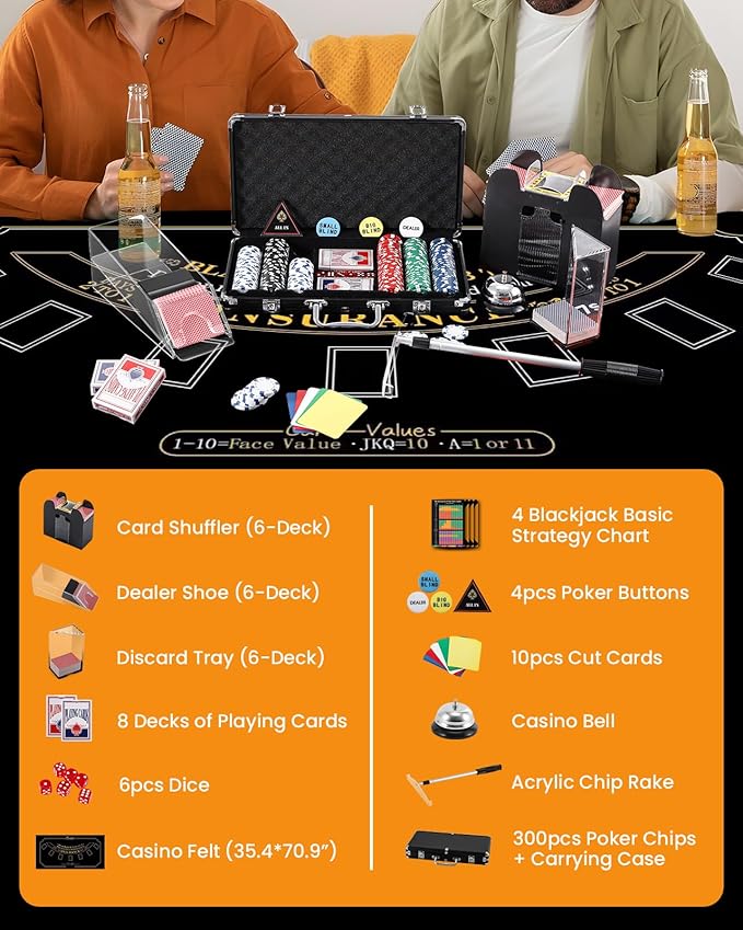 Blackjack Set Casino Set Blackjack Game Combo Set: Card Shuffler, 300pcs Poker Chips, Casino Felt