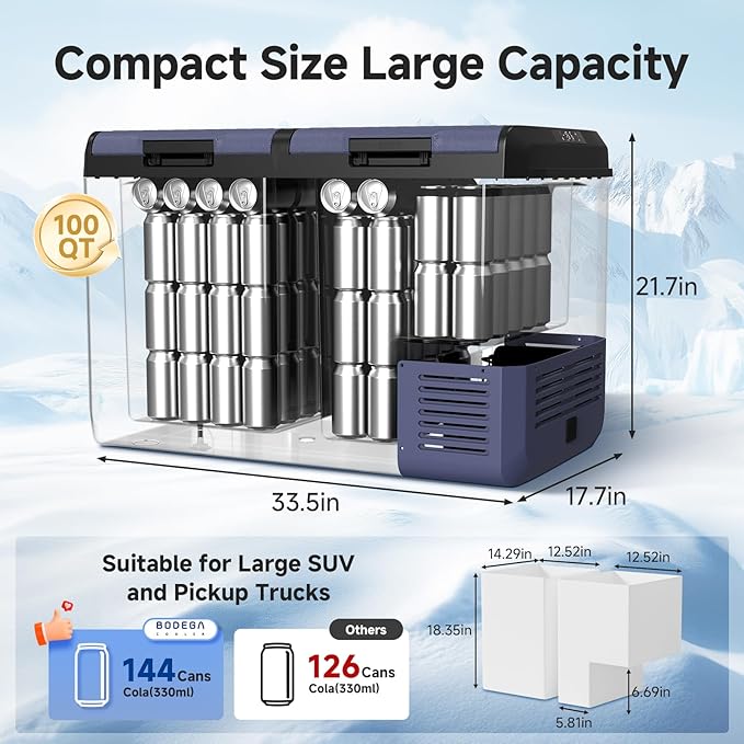 BODEGACOOLER 12 Volt Refrigerator, 100QT(95L) IPX4 Waterproof Electric Cooler, Car Fridge Dual Zone