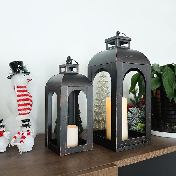 DECORKEY LED Lantern Decorative Outdoor&Indoor, Set of 2 (17’’&13’’) Black Metal Lanterns Decor