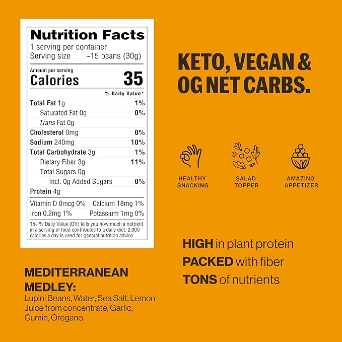Brami Lupini Beans Snack, Mediterranean Medley | 7g Plant Protein, 0g Net Carbs | Vegan