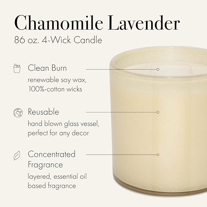 LAFCO New York Luxe 4-Wick Candle, Chamomile Lavender - 86 oz - 200-Hour Burn Time - Reusable, Hand