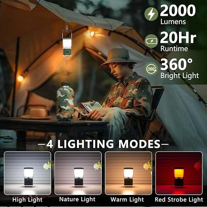 Portable Camping Lantern Rechargeable -4inch, 2000LM LED Camping Lights Lantern with