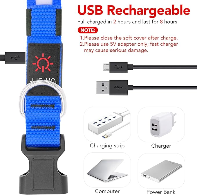 Vizpet LED Dog Collar, Light Up Dog Collar Adjustable USB Rechargeable Super Bright Safety Light
