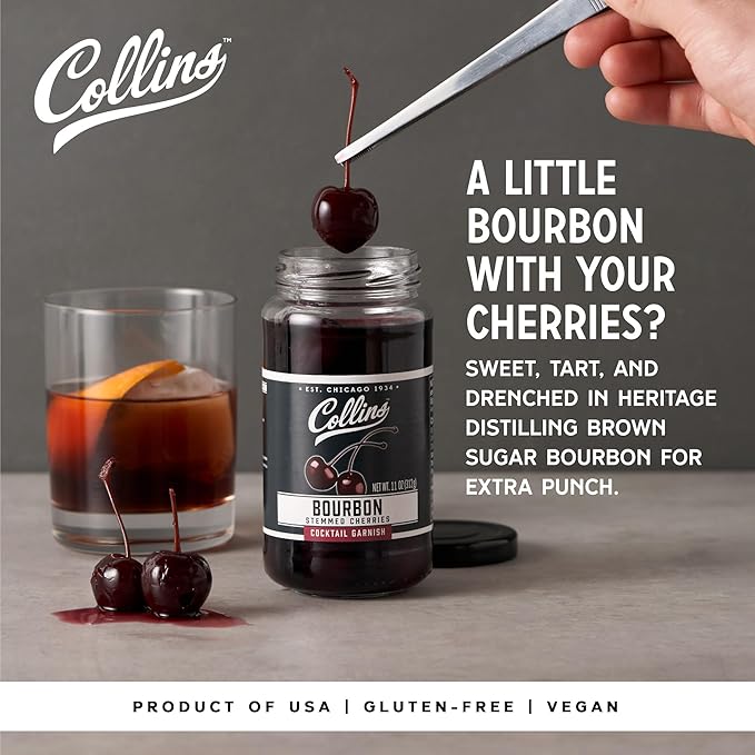 Collins Bourbon Cocktail Cherries - Drinks Garnish for Manhattan or Old Fashioned Cocktails and