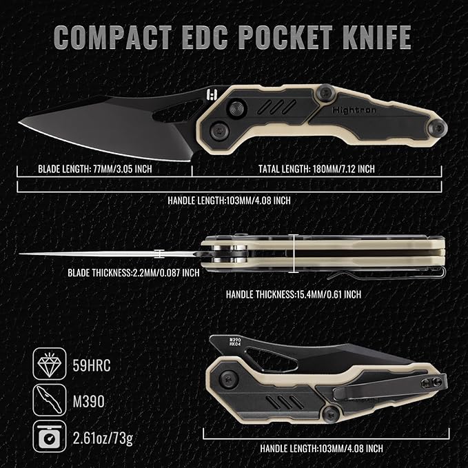 Hightron Spectron Folding Pocket Knife, 3.05" M390 Steel Blade and Nylon Fiber Handle, Sharp EDC