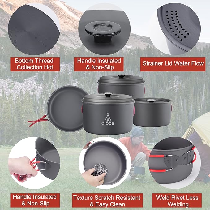 Alocs Camping Cookware Set Camping Gear, Compact Camping Pots and Pans Set, Durable Hard Alumina