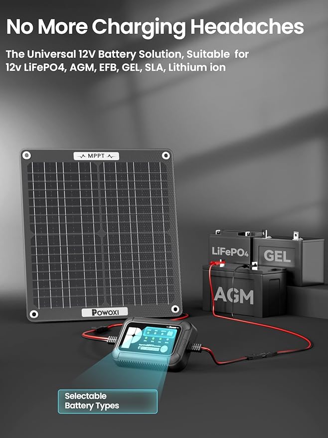 POWOXI 30W Solar Battery Charger: 12V Solar Car Battery Trickle Maintainer - with MPPT Controller