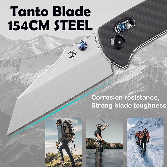KANSEPT Main Street Pocket Folding Knife, 3.36'' 154CM Sharp Steel Blade, Twill Carbon Fiber Handle